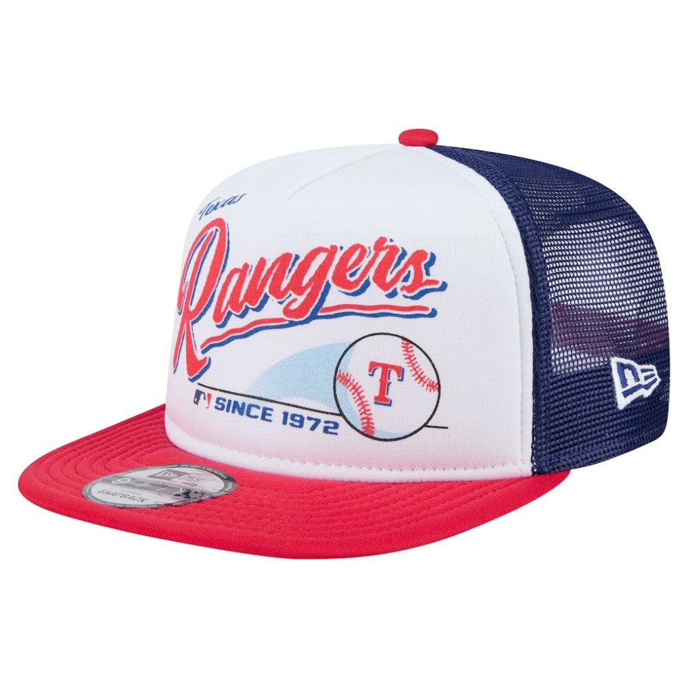Texas Rangers Retro Script Trucker 9FIFTY Snapback Hat White/Red | New Era