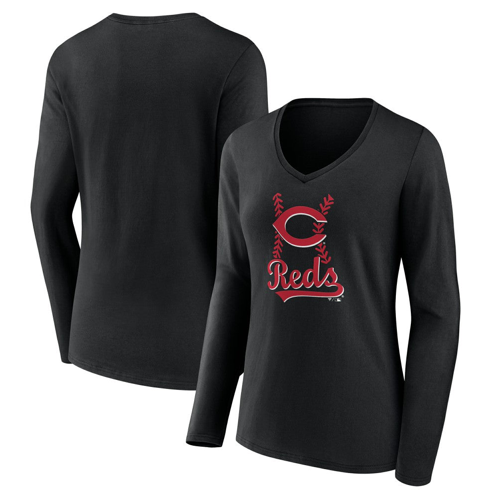 Cincinnati Reds Women's Fastball Long Sleeve V-Neck T-Shirt Black