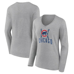 Chicago Cubs Women's Fastball Long Sleeve V-Neck T-Shirt Gray