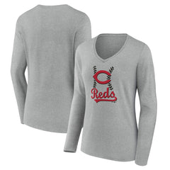 Cincinnati Reds Women's Fastball Long Sleeve V-Neck T-Shirt Gray