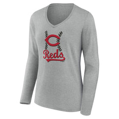 Cincinnati Reds Women's Fastball Long Sleeve V-Neck T-Shirt Gray