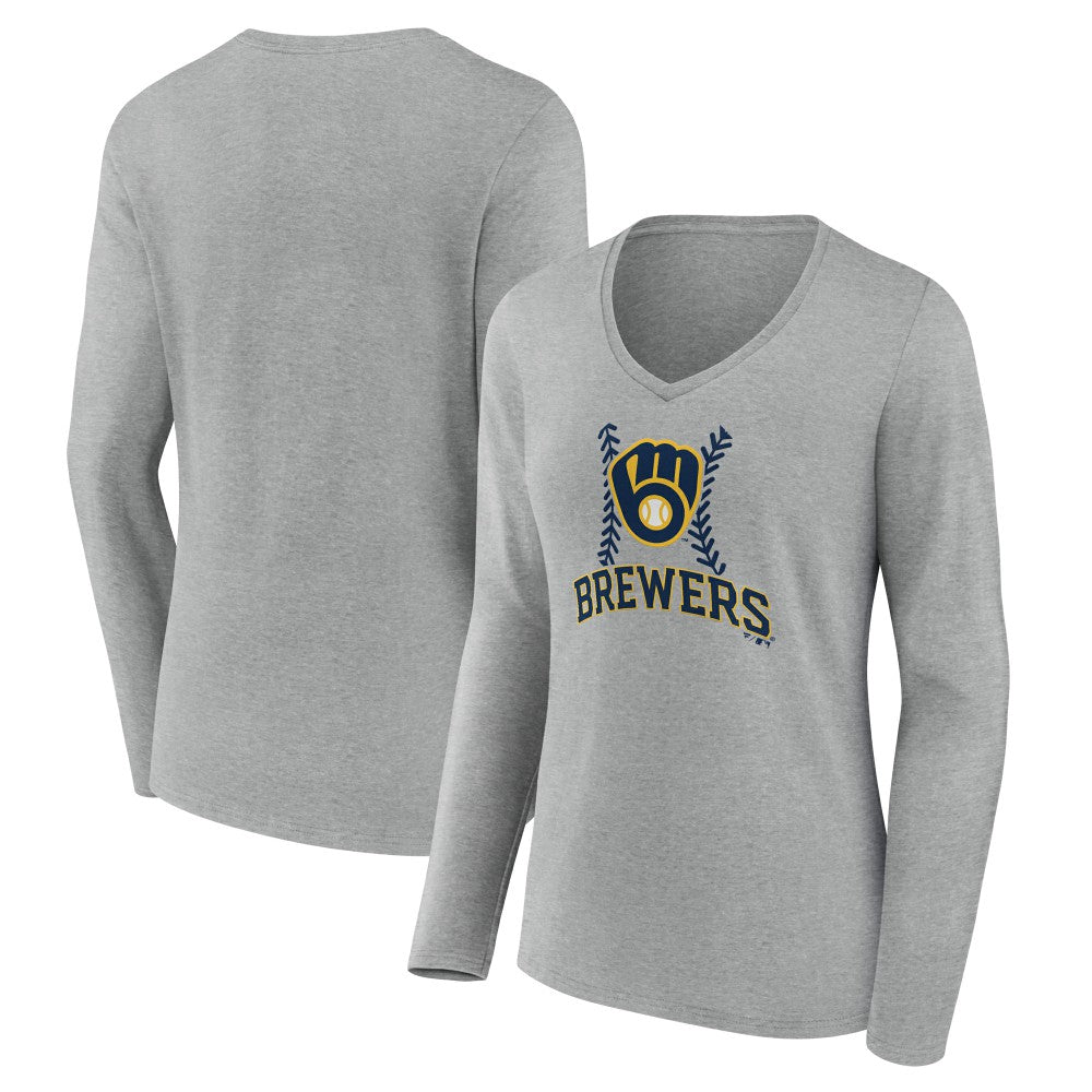 Milwaukee Brewers Women's Fastball Long Sleeve V-Neck T-Shirt Gray