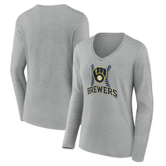 Milwaukee Brewers Women's Fastball Long Sleeve V-Neck T-Shirt Gray