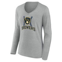 Milwaukee Brewers Women's Fastball Long Sleeve V-Neck T-Shirt Gray
