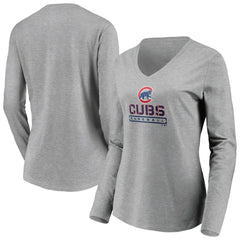 Chicago Cubs Women's Evanston Stencil Long Sleeve V-Neck T-Shirt Gray