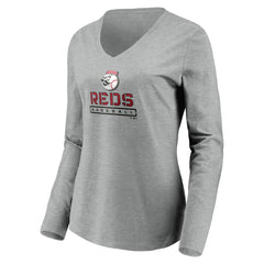 Cincinnati Reds Women's Evanston Stencil Long Sleeve V-Neck T-Shirt Gray
