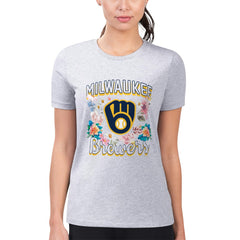 Milwaukee Brewers G-III 4Her by Carl Banks Women's Super-Slim Fit Lightweight Flowers Graphic T-Shirt Heather Gray