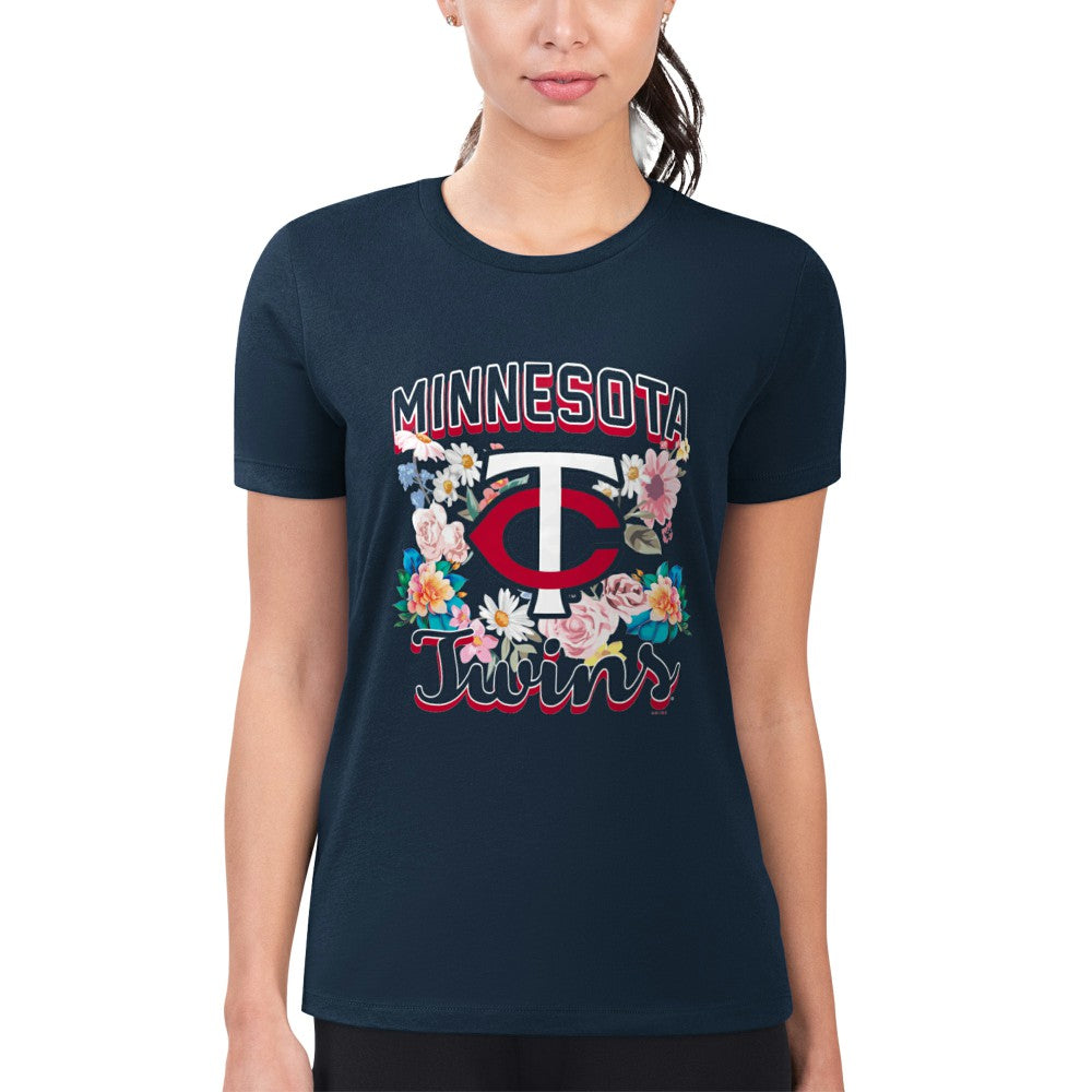 Minnesota Twins G-III 4Her by Carl Banks Women's Super-Slim Fit Lightweight Flowers Graphic T-Shirt Navy