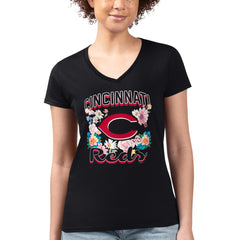 Cincinnati Reds G-III 4Her by Carl Banks Women's Super-Slim Fit Lightweight Flowers Graphic V-Neck T-Shirt Black