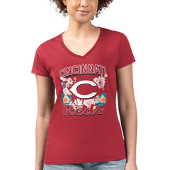 Cincinnati Reds G-III 4Her by Carl Banks Women's Super-Slim Fit Lightweight Flowers Graphic V-Neck T-Shirt Red