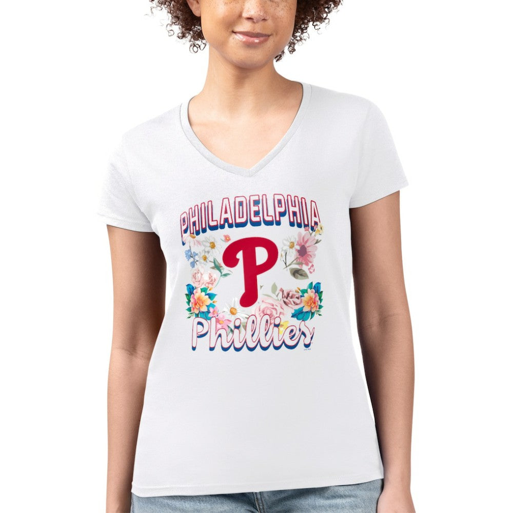 Philadelphia Phillies G-III 4Her by Carl Banks Women's Super-Slim Fit Lightweight Flowers Graphic V-Neck T-Shirt White
