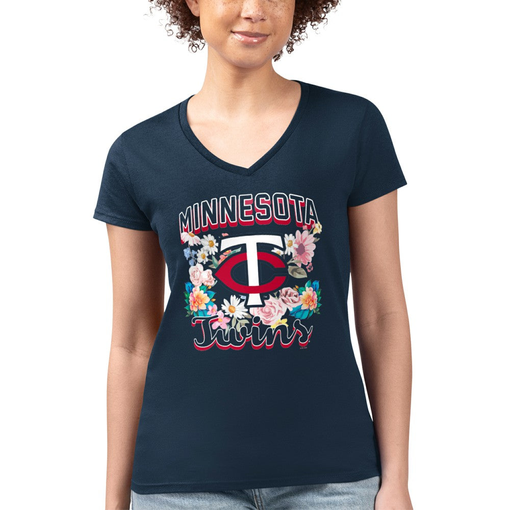 Minnesota Twins G-III 4Her by Carl Banks Women's Super-Slim Fit Lightweight Flowers Graphic V-Neck T-Shirt Navy