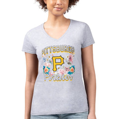Pittsburgh Pirates G-III 4Her by Carl Banks Women's Super-Slim Fit Lightweight Flowers Graphic V-Neck T-Shirt Heather Gray
