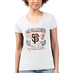 San Francisco Giants G-III 4Her by Carl Banks Women's Super-Slim Fit Lightweight Flowers Graphic V-Neck T-Shirt White