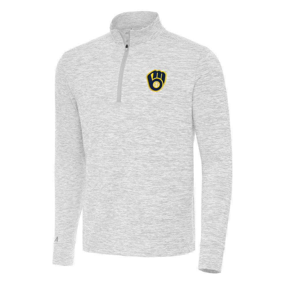 Milwaukee Brewers Antigua Cause Quarter-Zip Top Gray/White