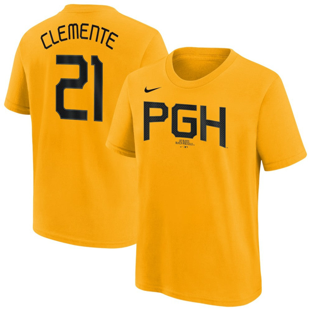 Roberto Clemente Pittsburgh Pirates Youth Fuse City Connect Name & Number T-Shirt Gold | Nike
