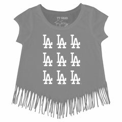 Los Angeles Dodgers Tiny Turnip Girls Youth Logo Grid Fringe T-Shirt Gray