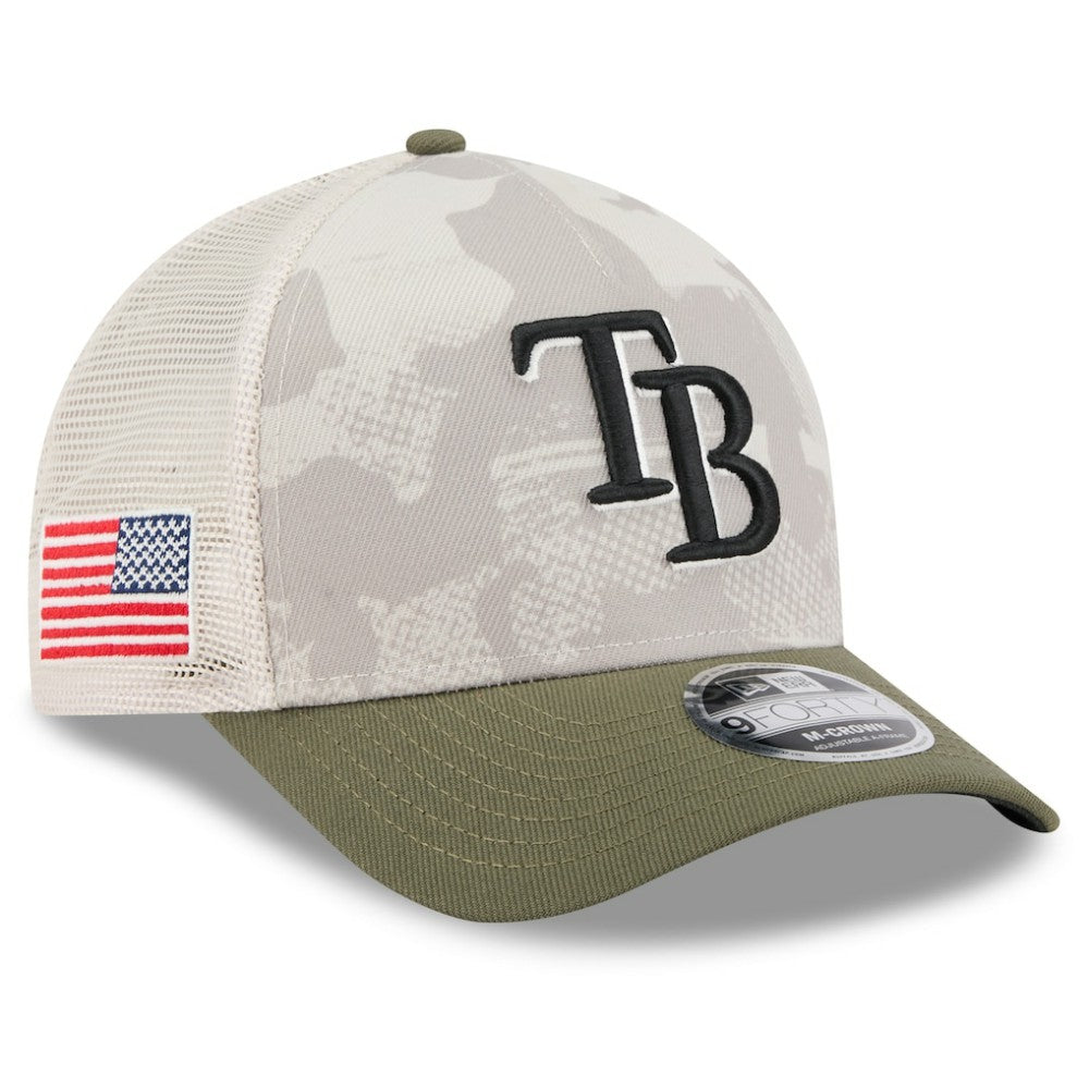 Tampa Bay Rays 2025 Armed Forces Day 9FORTY M-Crown A-Frame Adjustable Hat Light Beige/Olive | New Era