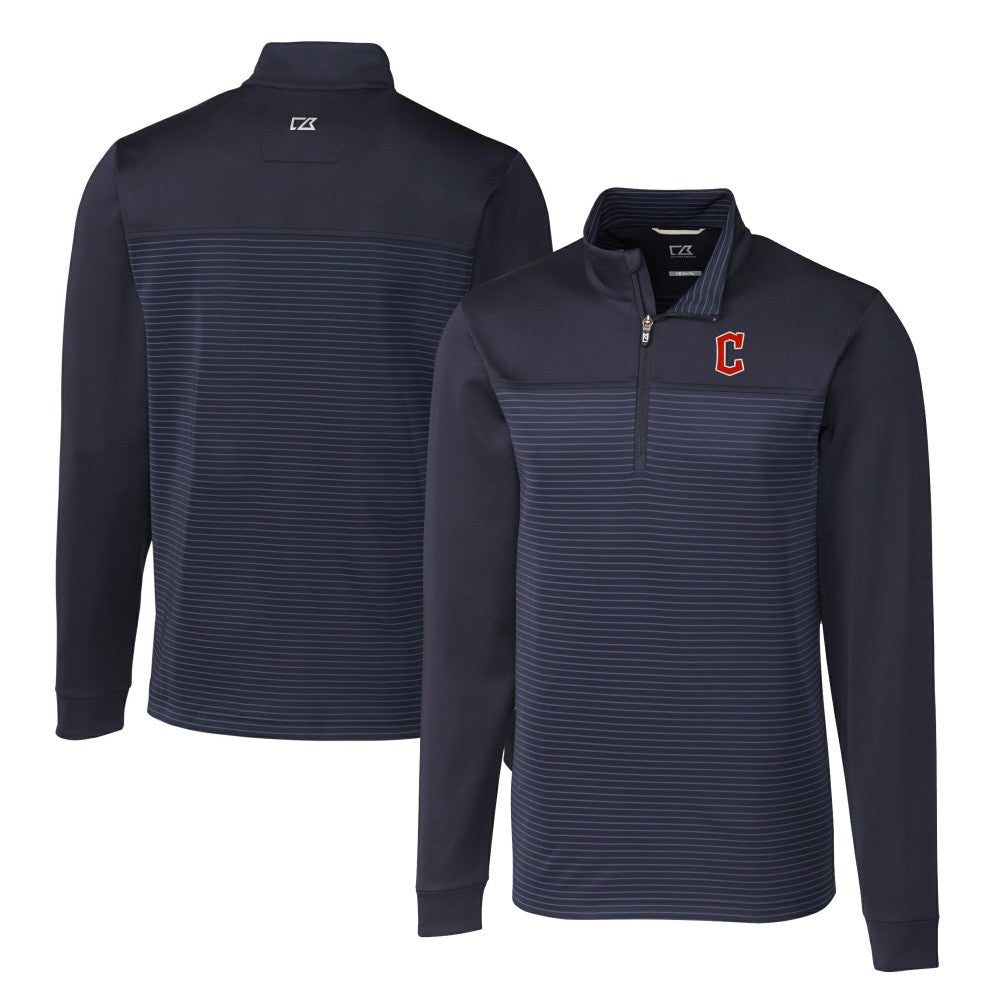 Cleveland Guardians Cutter & Buck Big & Tall Traverse Stripe Stretch DryTec Quarter-Zip Top Navy