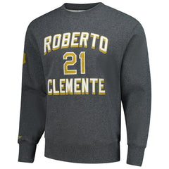 Roberto Clemente Pittsburgh Pirates Legends Collection Vintage Logo Name & Number Fleece Pullover Sweatshirt Heather Charcoal | Mitchell & Ness