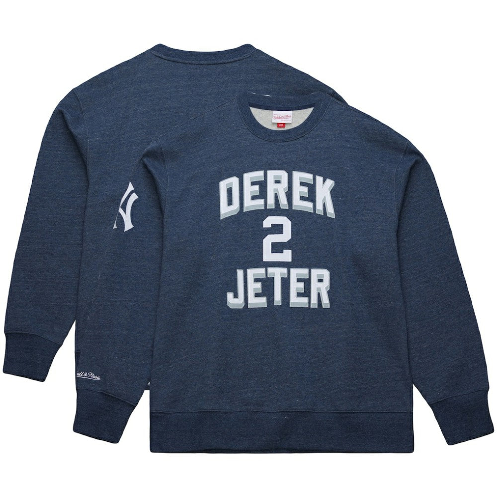 Derek Jeter New York Yankees Legends Collection Vintage Logo Fleece Name & Number Pullover Sweatshirt Heather Navy | Mitchell & Ness