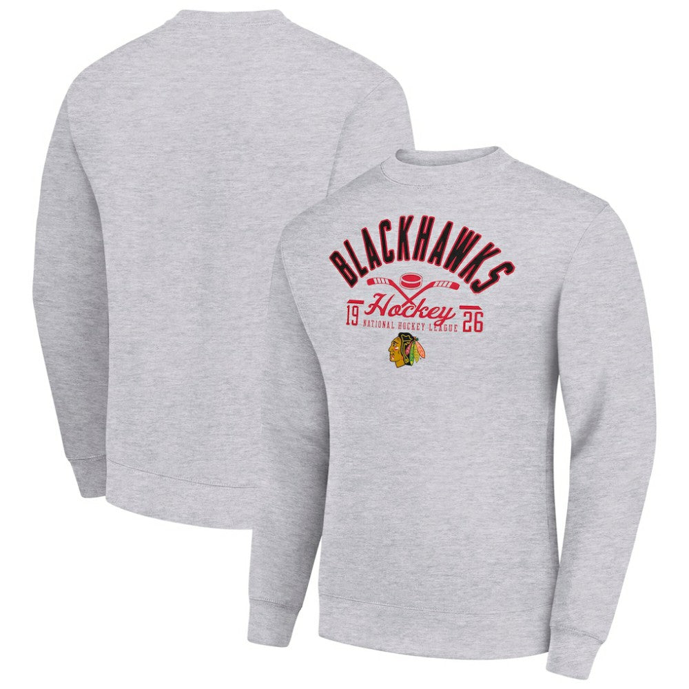 Chicago Blackhawks Starter Stick And Puck Logo Fleece Pullover Sweatshirt Heather Gray