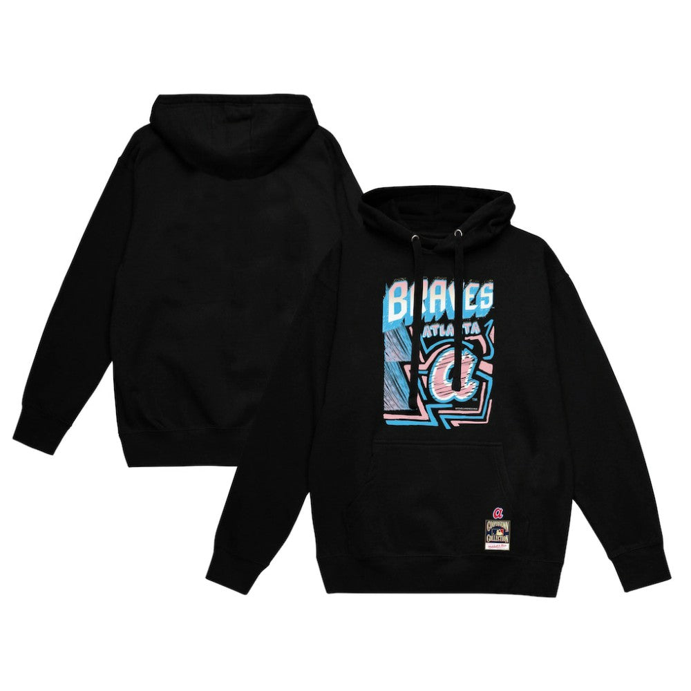 Atlanta Braves Sidewalk Sketch Pullover Hoodie Black | Mitchell & Ness