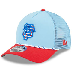 San Francisco Giants 2025 Fourth of July 9FORTY A-Frame M-Crown Adjustable Trucker Hat Light Blue/Red | New Era