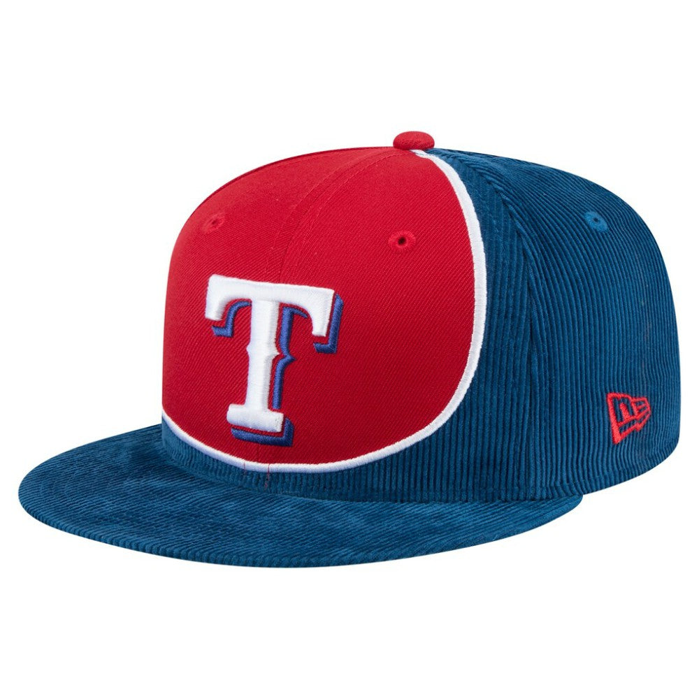 Texas Rangers Retro Split Corduroy Snapback Hat Royal/Red | New Era