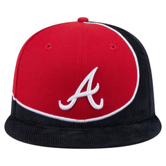 Atlanta Braves Retro Split Corduroy Snapback Hat Navy/Red | New Era