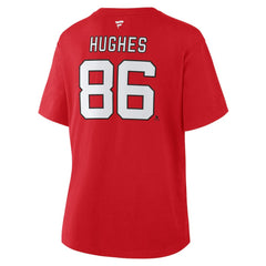 Jack Hughes New Jersey Devils Fanatics Women's Authentic Stack Name & Number T-Shirt Red