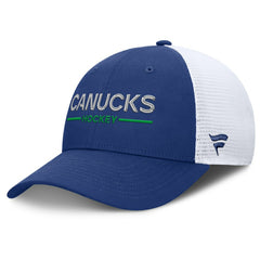 Vancouver Canucks Fanatics Authentic Pro Rink Lockup Adjustable Trucker Hat Blue/White