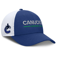 Vancouver Canucks Fanatics Authentic Pro Rink Lockup Adjustable Trucker Hat Blue/White