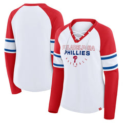Philadelphia Phillies Women's Blitz Package Raglan Lace-Up V-Neck Long Sleeve T-Shirt White/Red