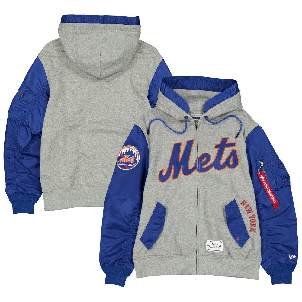 New York Mets x Alpha Industries Full-Zip Hoodie Jacket Heather Gray/Royal | New Era