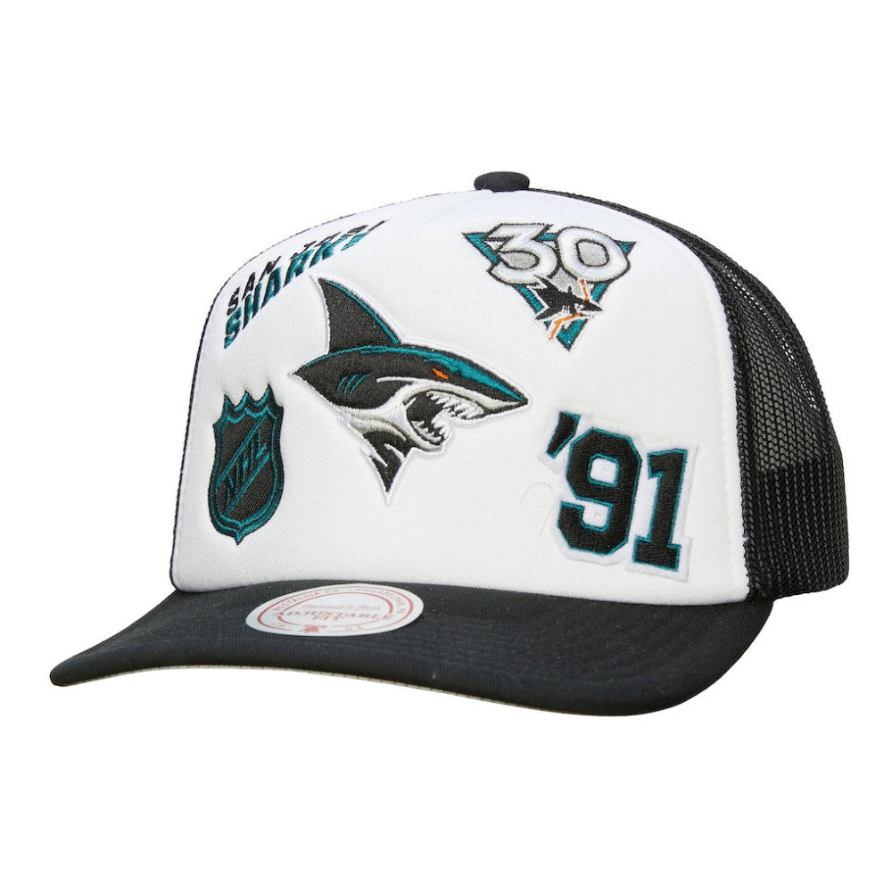 San Jose Sharks Mitchell & Ness Gridlock Trucker Adjustable Hat White/Black