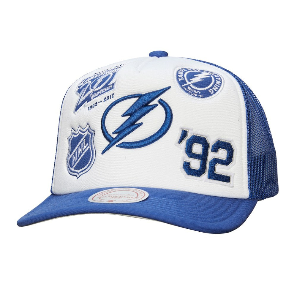Tampa Bay Lightning Mitchell & Ness Gridlock Trucker Adjustable Hat White/Blue