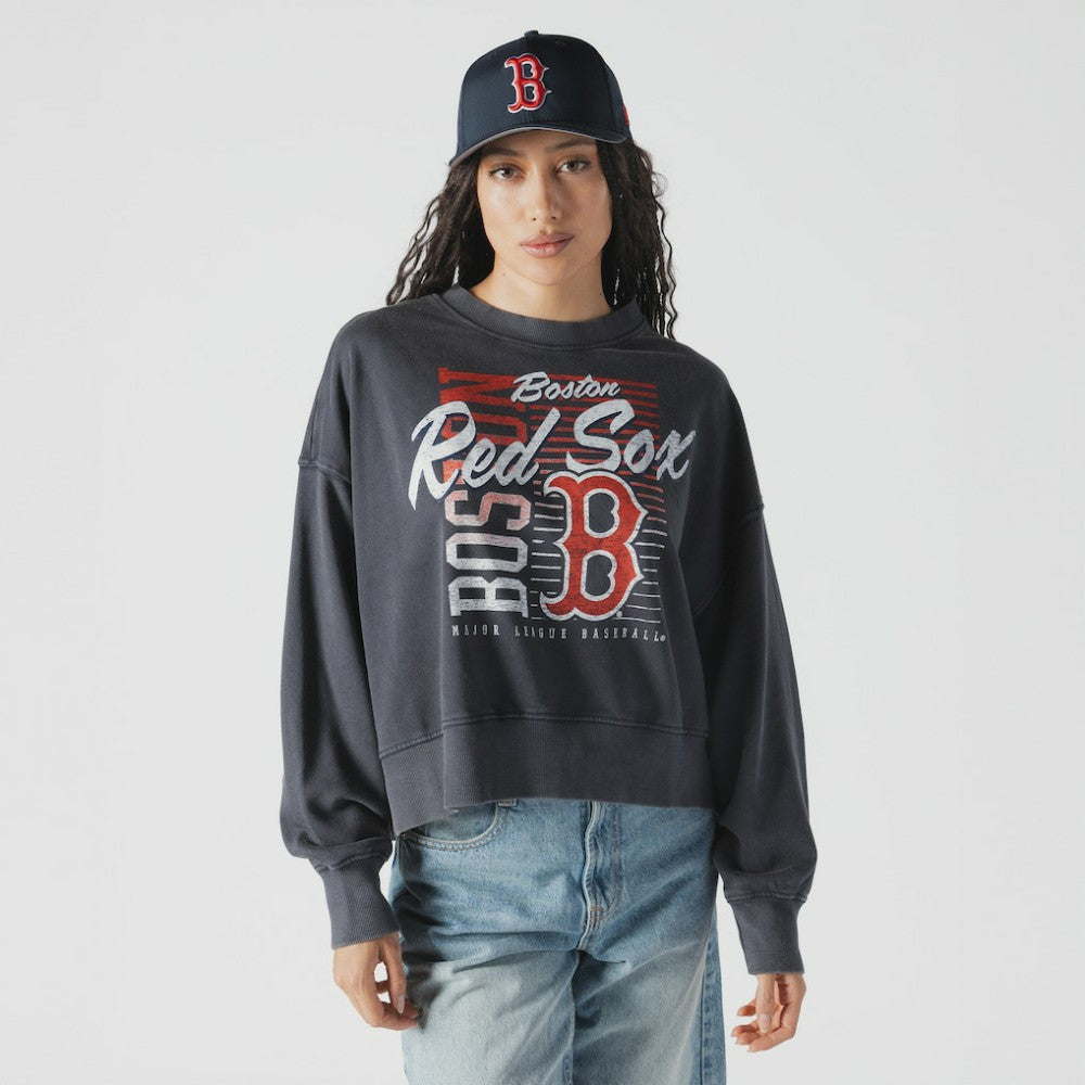 Boston Red Sox Women's Boxy Mineral Wash Dolmen Sleeve Cropped Sweatshirt Navy | New Era