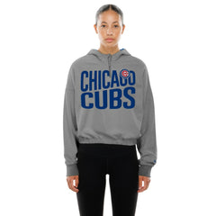 Chicago Cubs Women's Reversed Out French Terry Quarter-Zip Banded Crop Hoodie Heather Gray | New Era