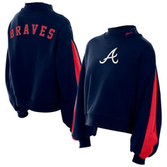 Atlanta Braves Women's Mock Neck Balloon Sleeve Sweatshirt Navy | New Era