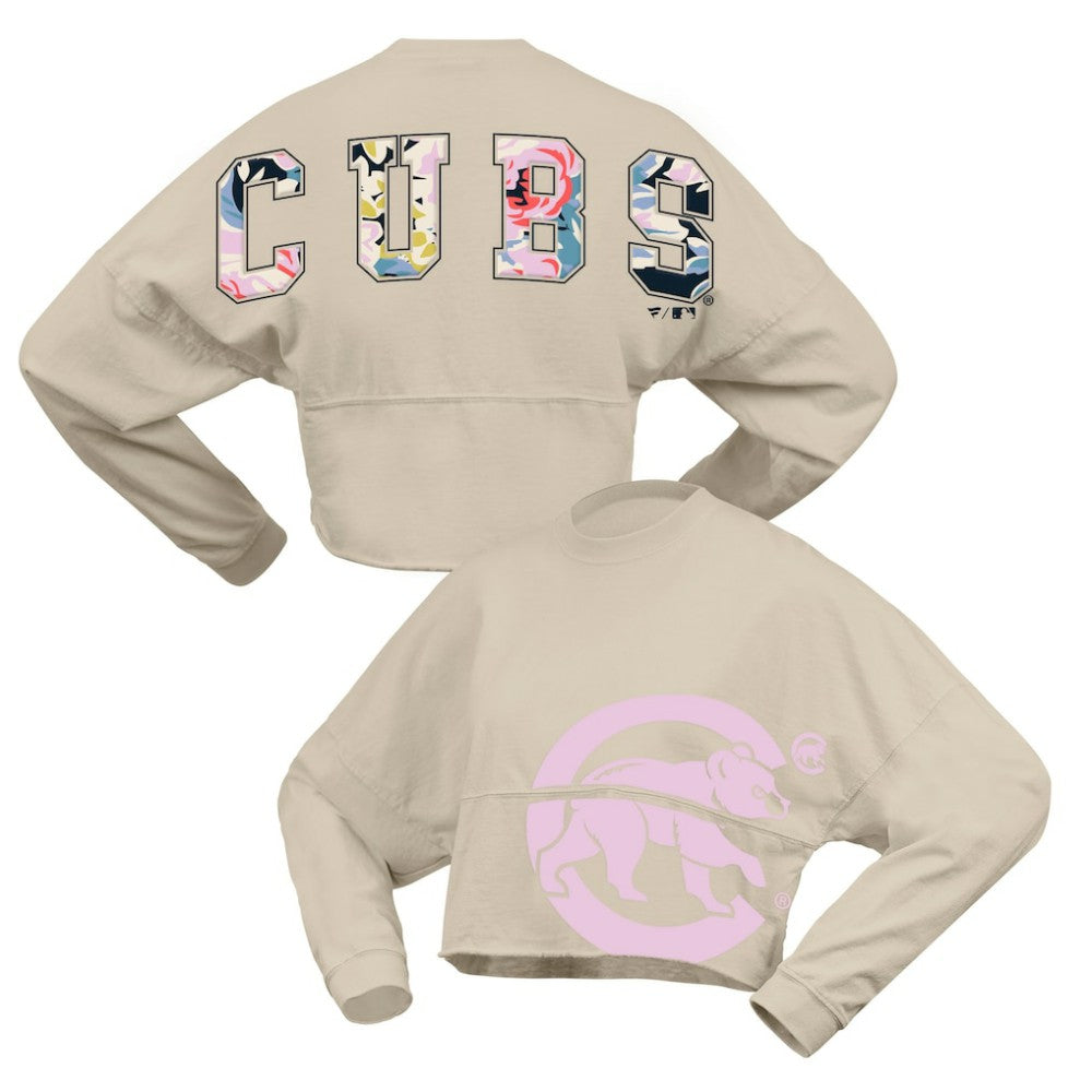 Chicago Cubs Women's Floral Preppy Cropped Long Sleeve T-Shirt Cream