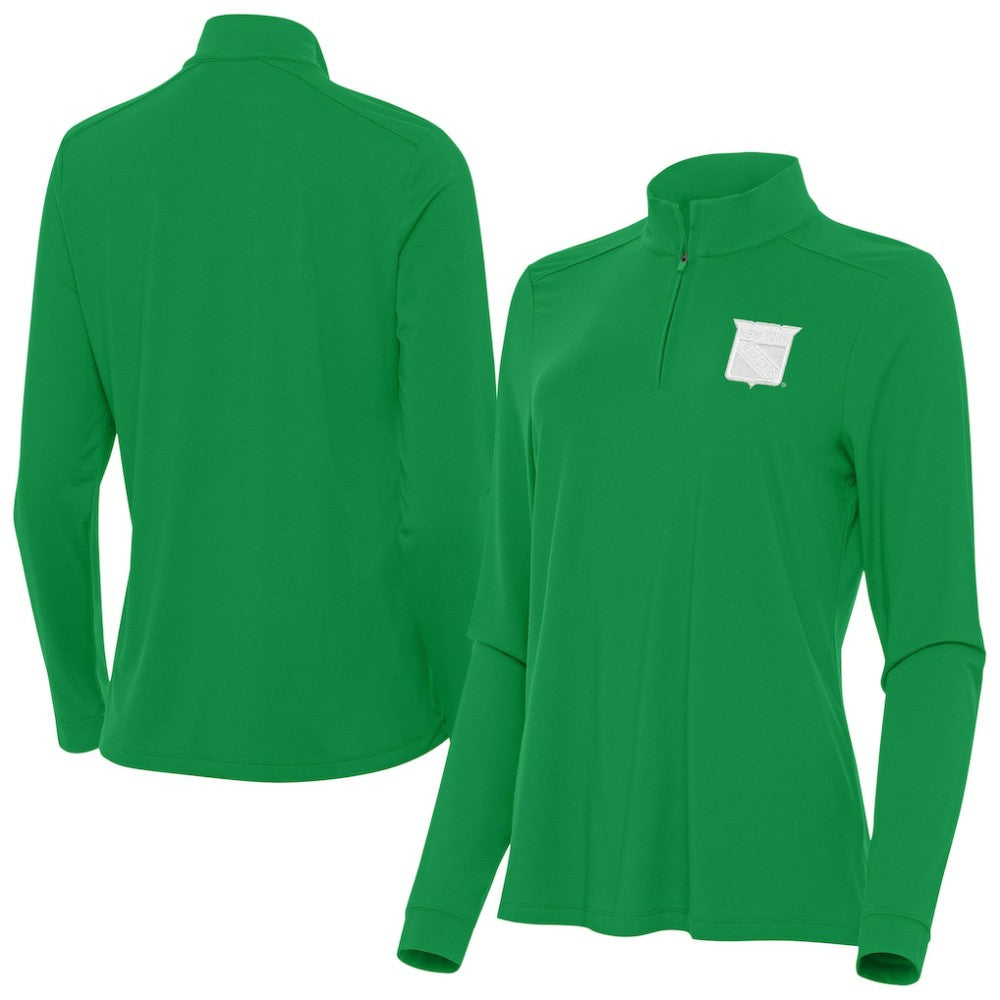 New York Rangers Antigua Women's St. Patrick's Day Intent Quarter-Zip Performance Pullover Kelly Green