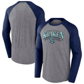 Seattle Kraken Fanatics Goal Crease Raglan Tri-Blend Long Sleeve T-Shirt Heather Gray/Heather Deep Sea Blue