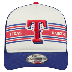 Texas Rangers Banner A-Frame 9FIFTY Trucker Snapback Hat Cream/Royal | New Era