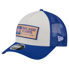 Chicago Cubs Text A-Frame Trucker 9FORTY Hat Stone/Royal | New Era