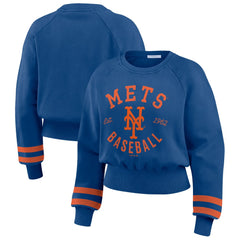 New York Mets WEAR by Erin Andrews Women's Vintage Washed Cropped Pullover Sweatshirt Royal