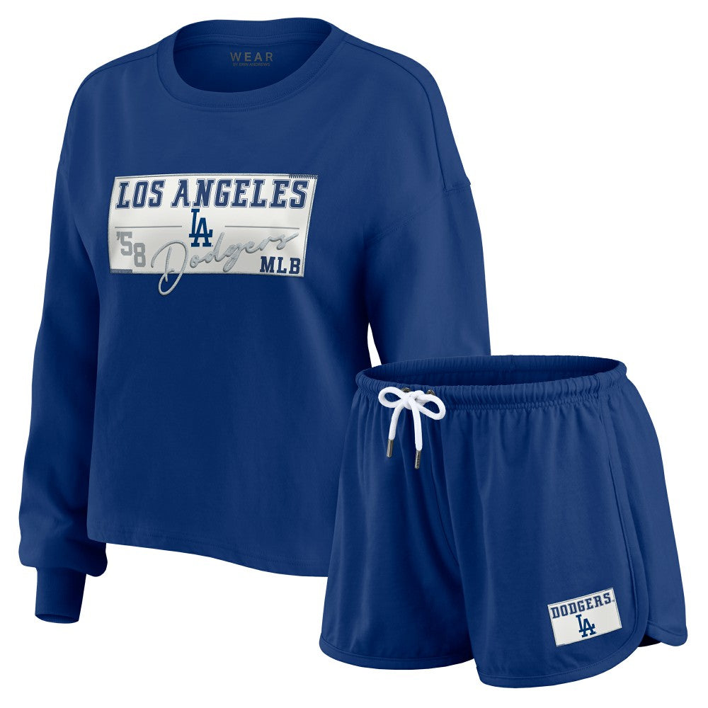Los Angeles Dodgers WEAR by Erin Andrews Women's Heavy Rugby Jersey Cropped Long Sleeve T-Shirt & Shorts Lounge Set Royal