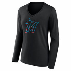 Miami Marlins Women's Logo Long Sleeve V-Neck T-Shirt Black