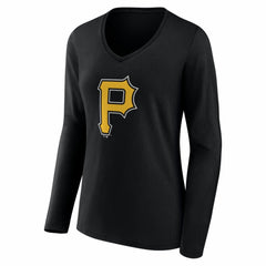 Pittsburgh Pirates Women's Logo Long Sleeve V-Neck T-Shirt Black