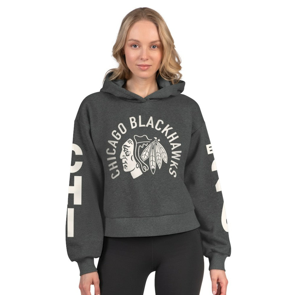 Chicago Blackhawks Starter Women's Star Player Cropped Fleece Hoodie Heather Charcoal